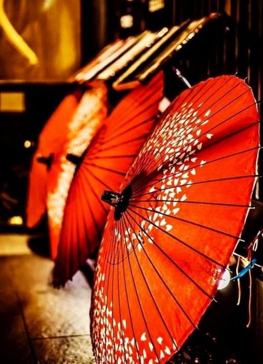 朱の和傘が灯りの中に並ぶ月見堂の店先